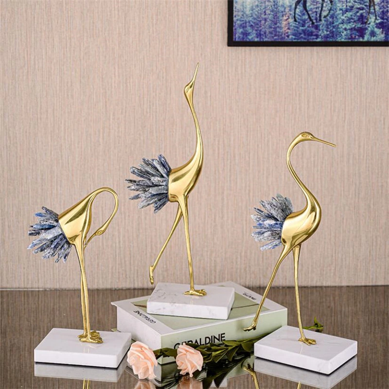 Natural Crystal Crane Decoration Living Room Cabinet Home Decoration Modern Light Luxury Brass Crane Home Decor Accessories